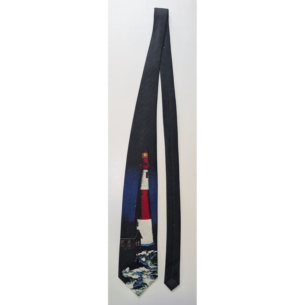 Roberto Cellini Mens Lighthouse Nautical Tie Navy Blue Red White Scenic